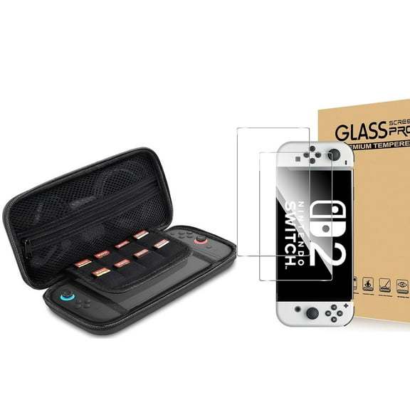 Switch 2 Accessories Bundle – 2 Tempered Glass Screen Protector   Hard Shell Carrying Case with Game Card Storage, Compatible with NS Switch 2 Console