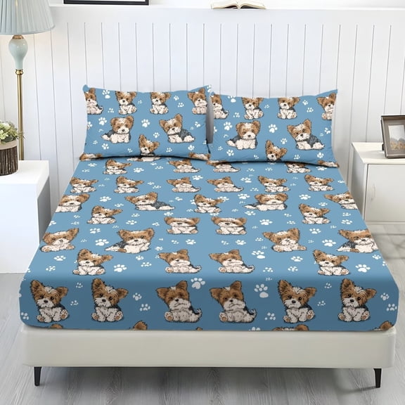 Xixirimido Schnauzer Paws Blue Print 3Pcs Fitted Sheet Set Soft Bed Sheet with 2 Pillowcases Wrinkle Resistant Bedding Set Breathable Mattress Sheets, Queen Size