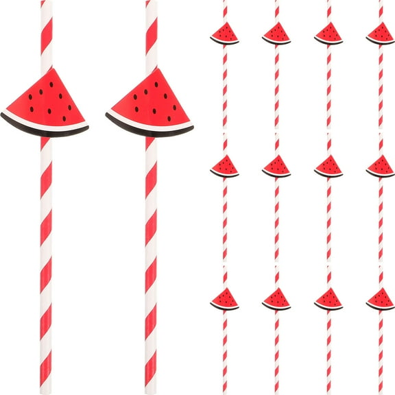FUEENIRVA 30Pcs Party Supplies Red Watermelon Pattern Fun Drinking Straws for Cocktail Drinks