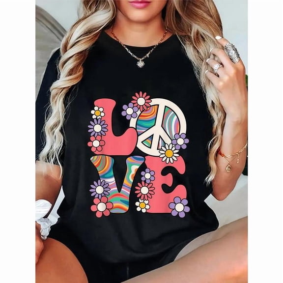 Stylish Love & Peace Sign Floral Tops for Women Eye - Catching Hippie - Themed Graphic Tees Fashionable Casual Short Sleeve Print Tshirts Ideal For Boho - Style Fans