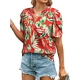 thumbnail image 4 of Nlife Women Puff Sleeve Floral Hawaiian Shirt V Neck Casual Tropical T-Shirt, 4 of 7
