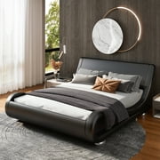 Allewie Full Size Platform Bed Frame with Curved Adjustable Headboard, Faux Leather Upholstered Style, 10 Mattress Recommended, Black