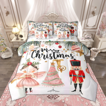 Manfei Xmas Nutcracker Twin Bedding Sets 7 Pieces for Kids, Merry Christmas Bedding Comforter Set, Pink Tree Sheet Sets, Breathable Home Decor