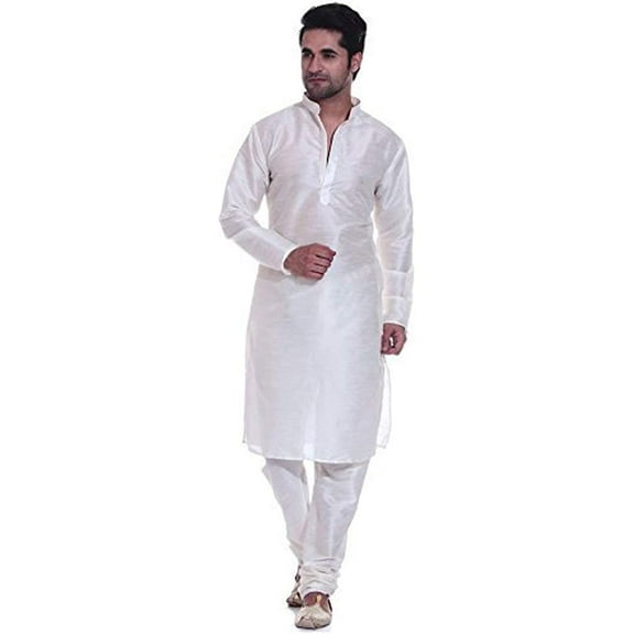 Royal Men's Self Kurta Silk Blend Kurta Churidar Set Off-White