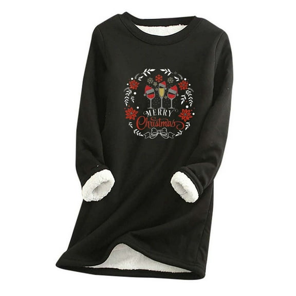 Kiplyki Save Big Winter Tops for Women Christmas Printing Round Neck Thickened Plush Warm Long Sleeve Tops