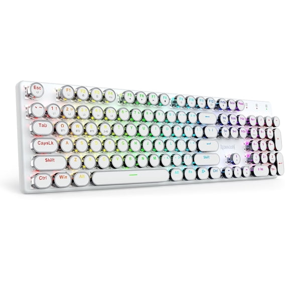 Redragon K710 Wireless Typewriter Mechanical Gaming Keyboard, White | Bluetooth/2.4Ghz/Wired, RGB Led Backlit, Blue Switch - Clicky, Rechargeable 4000mAh, Solid Metal Panel, Round Keycaps