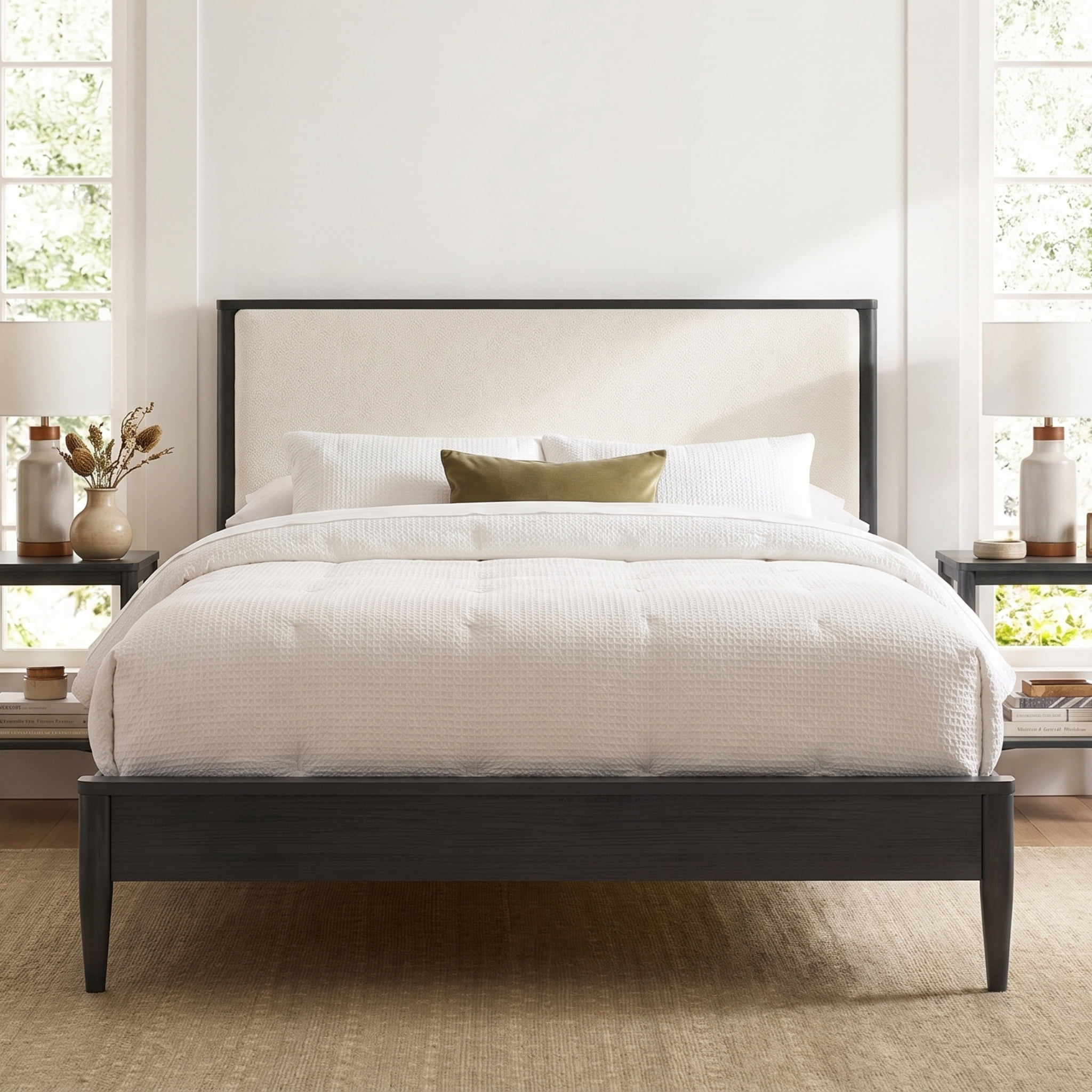 Euroco Wood Queen Size Platform Bed, Mid-Century Modern Style Platform Bed with Boucle Upholstered Headboard, Black