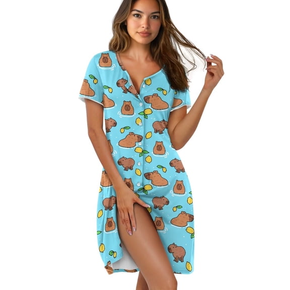 Yuyamidu Capybara Printed Nightshirt for Women Sleepwear Soft Comfortable Ladies Sleep Dress Short Sleeves Front Button Relaxing Lounge Dress for Summer