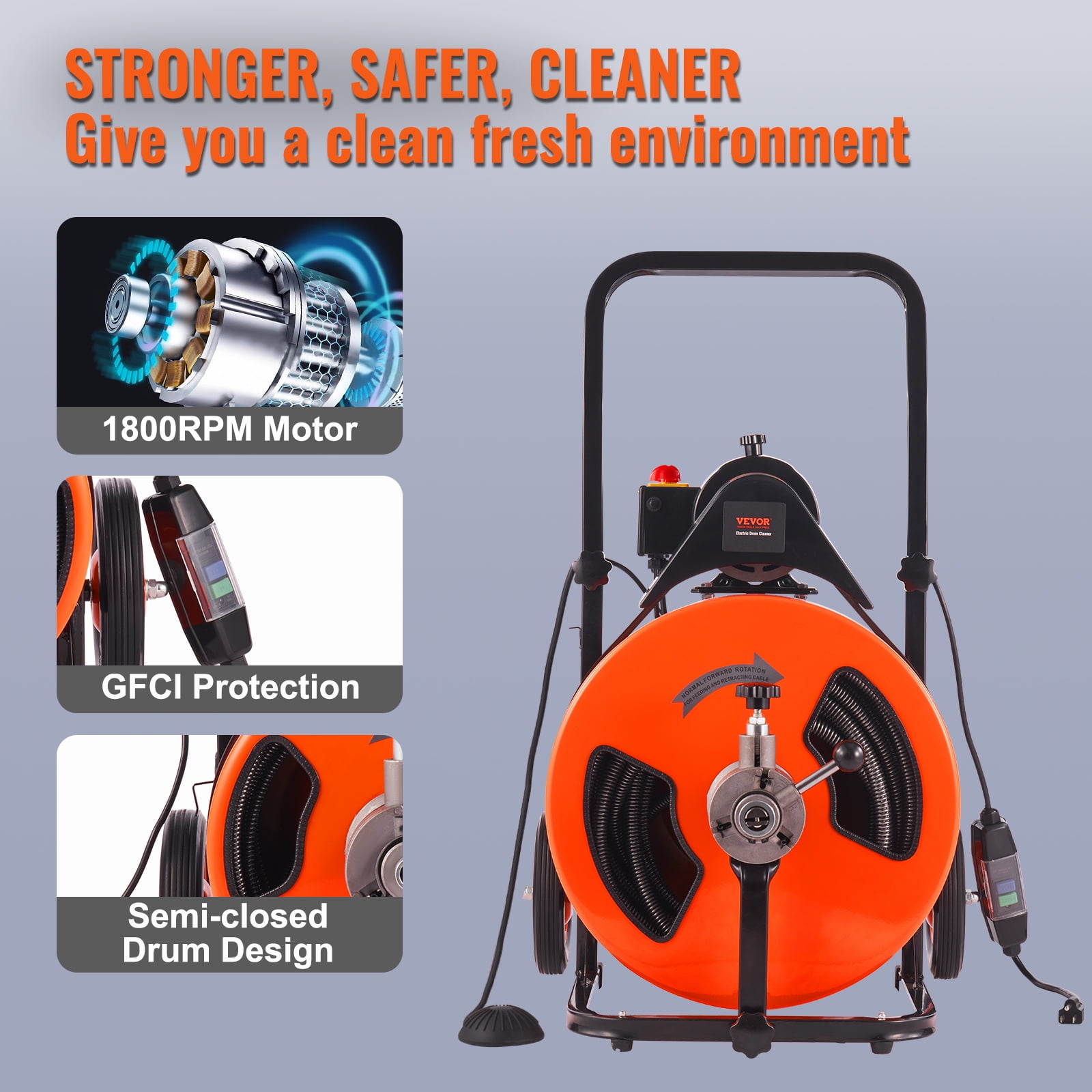 BENTISM Drain Cleaner Machine 100 FT x 3/4 " , 1800 RPM Sewer Auger Auto Feed with 4 Cutter & Air-activated Foot Switch for 1" to 4" Pipes