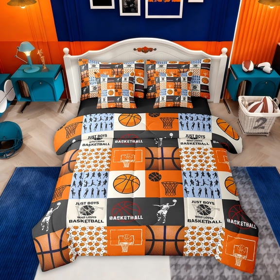 Erosebridal Basketball Game Boys Twin Bedding Sets 7-Piece, Orange Plaid Bedding Comforter Set