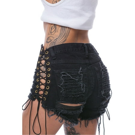 - Women Sexy Cut Off High Waist Denim Jeans Shorts Mini Hot Pants Frayed Raw Hem Ripped Distressed Lace-up Short Trousers