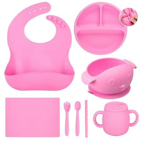 

Baby Feeding Utensils Set 7 Pcs Silicone Toddler Eating Supplies - Adjustable Bibs Suction Divided Plate Placemat Suction Bowls Straw Sippy Cup Etc - Baby Led Weaning Supplies