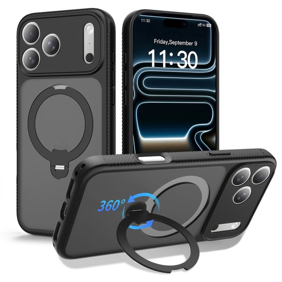 Sanwo for iPhone 17 Pro Magnetic Case,Shockproof 360° Rotating Ring Stand Cover,Hard PC TPU Protective Cover,Wireless Charging Compatible,Black