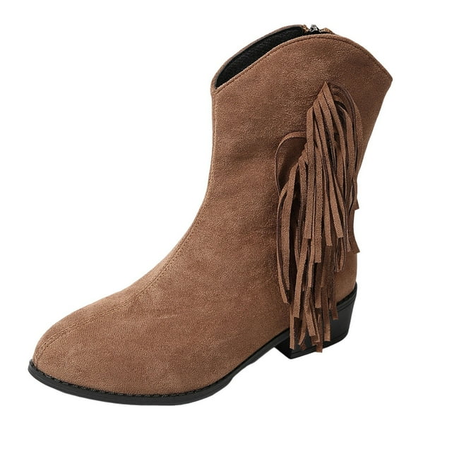 Brown Women'S Side Zip Boots With Tassel Embellishment, Block Heel, Mid-Calf Height, Suede Material For Style