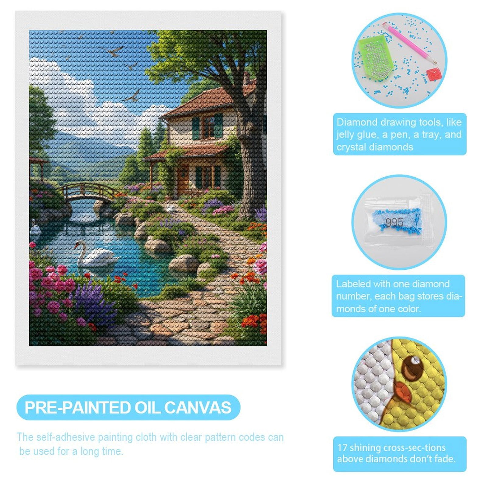 Diamond Art Kits for Adults - Idyllic Cottage Garden Scenery 5d Diamond Painting for Adults, Diamond Art for Adults Beginners, Frameless Diamond Painting Kits for Adults for Home Wall Decor