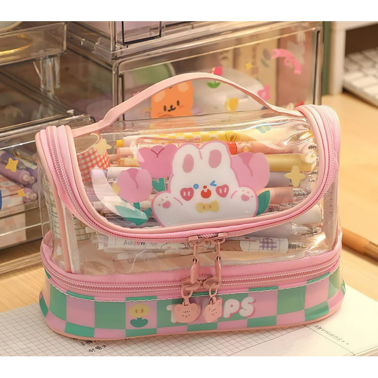 Kawaii Transparent Pencil Case Girls 3 Layers Large Cartoon Stationery  Storage Bag Fashion Portable Cute Pencil Bags Female 504