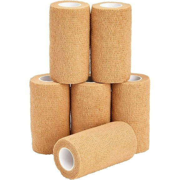6-Rolls of Tan Medical Self Adhesive Bandage Wrap 4 Inch x 5 Yards, Breathable Cohesive Vet Tape for First Aid Kits, Sports Injuries, Wrists, Ankles, Athletics