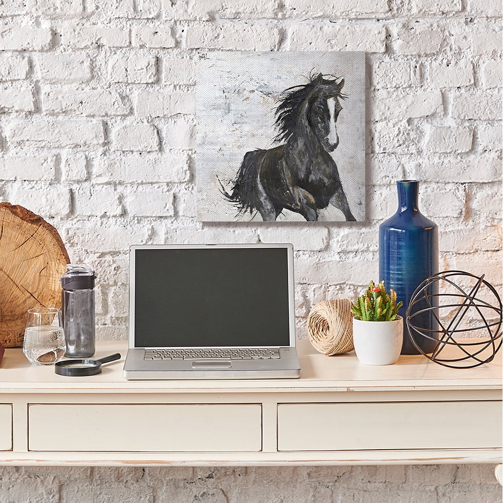 Stupell Industries Wild Black Horse Galloping over Abstract White Canvas Wall Art by Design Fabrikken