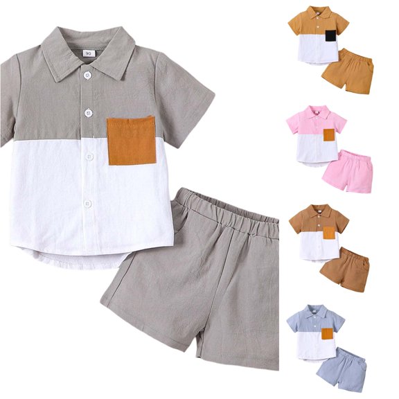 Toddler Boys Summer Outfits 2 Piece Collar Solid Colors Short Sleeve Shirt and Shorts Clothes Outfits Set Size 2-3T ,Gray
