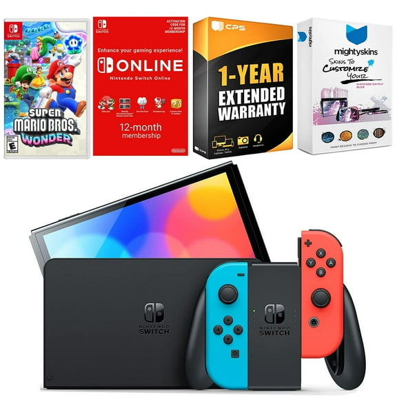 Nintendo Switch Neon Red & Blue OLED Console with Super Mario Bros. Wonder, NSO 12 Month Family Membership, MightySkins Console and Controller Skin Voucher and 1 Year CPS Extended Warranty