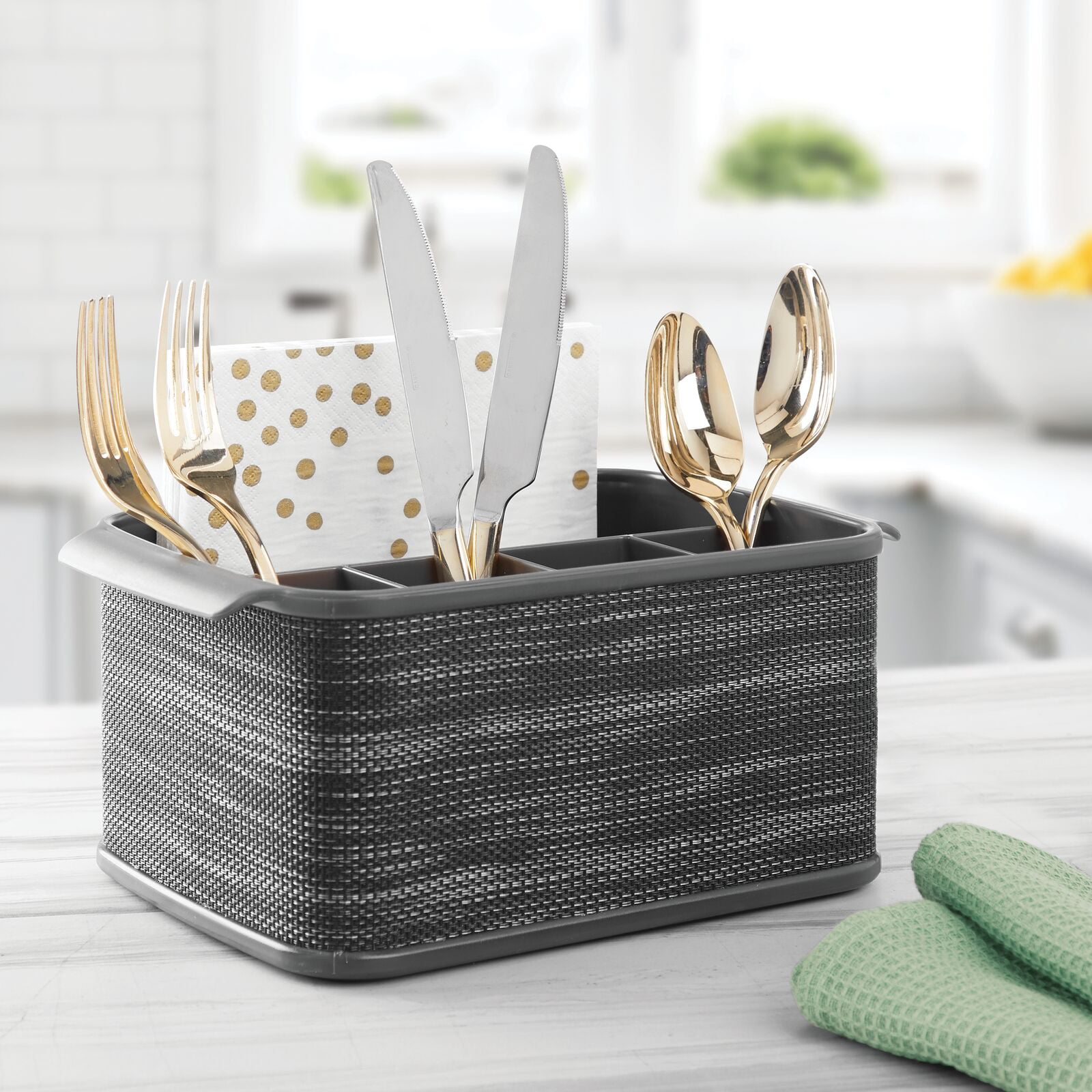 Knives Napkins Holds Forks Spoons Woven Accent Bronze/Sand Brown Indoor or Outdoor Use mDesign Plastic Cutlery Storage Organizer Caddy Tote Bin with Handles for Kitchen Cabinet or Pantry 