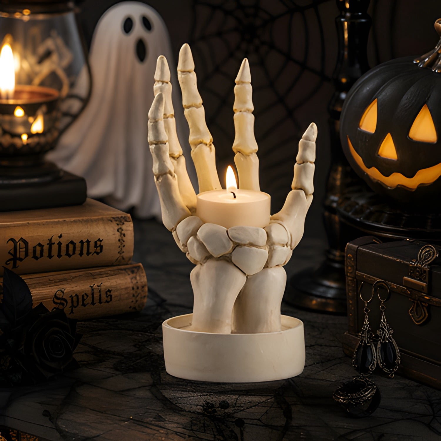 Halloween Decorations Indoor Skeleton Hand Ring Holder Tealight Candle Holder for Gothic Table Decor Jewelry and Earring Organizer