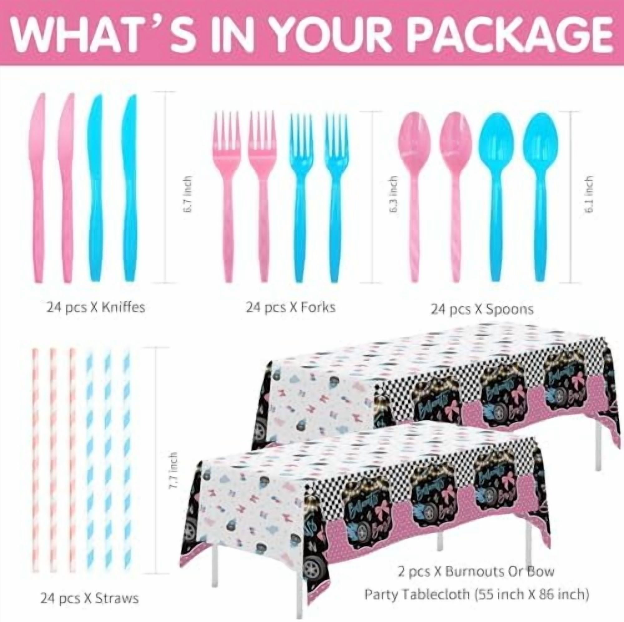 Burnouts or Bows Gender Reveal Decorations Tableware, Boy or Girl Gender Reveal Party Supplies, Plate, Cup, Napkin, Cutlery, Tablecloth, Race Car vs Bows Baby Shower Decorations, Serves 24$$