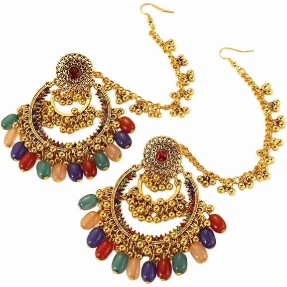Colorful Beaded Indian Earrings for Women Gold Plated Cubic Zirconia Boho Tassel Dangle Earring Drop Chandelier Traditional Ethnic Gypsy Jewelry Bollywood Party Jhumka Festival Wedding Hair Accessory