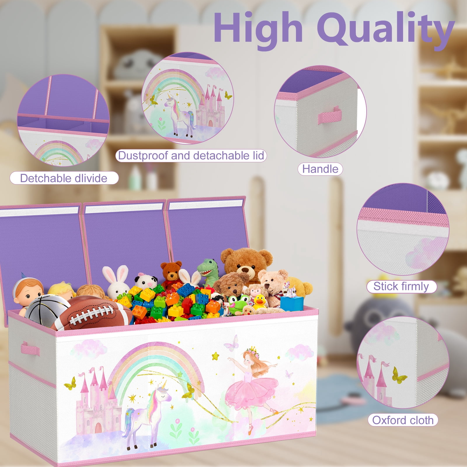 Extra Large Toy Storage Box for Girls Boys - Collapsible Toy Chest Organiser for Kids,Toy Bin Container with Lid for Clothes,Blanket,Nursery,Playroom,Bedroom,Stuffed Animals,Quilt(Beige&Purple)