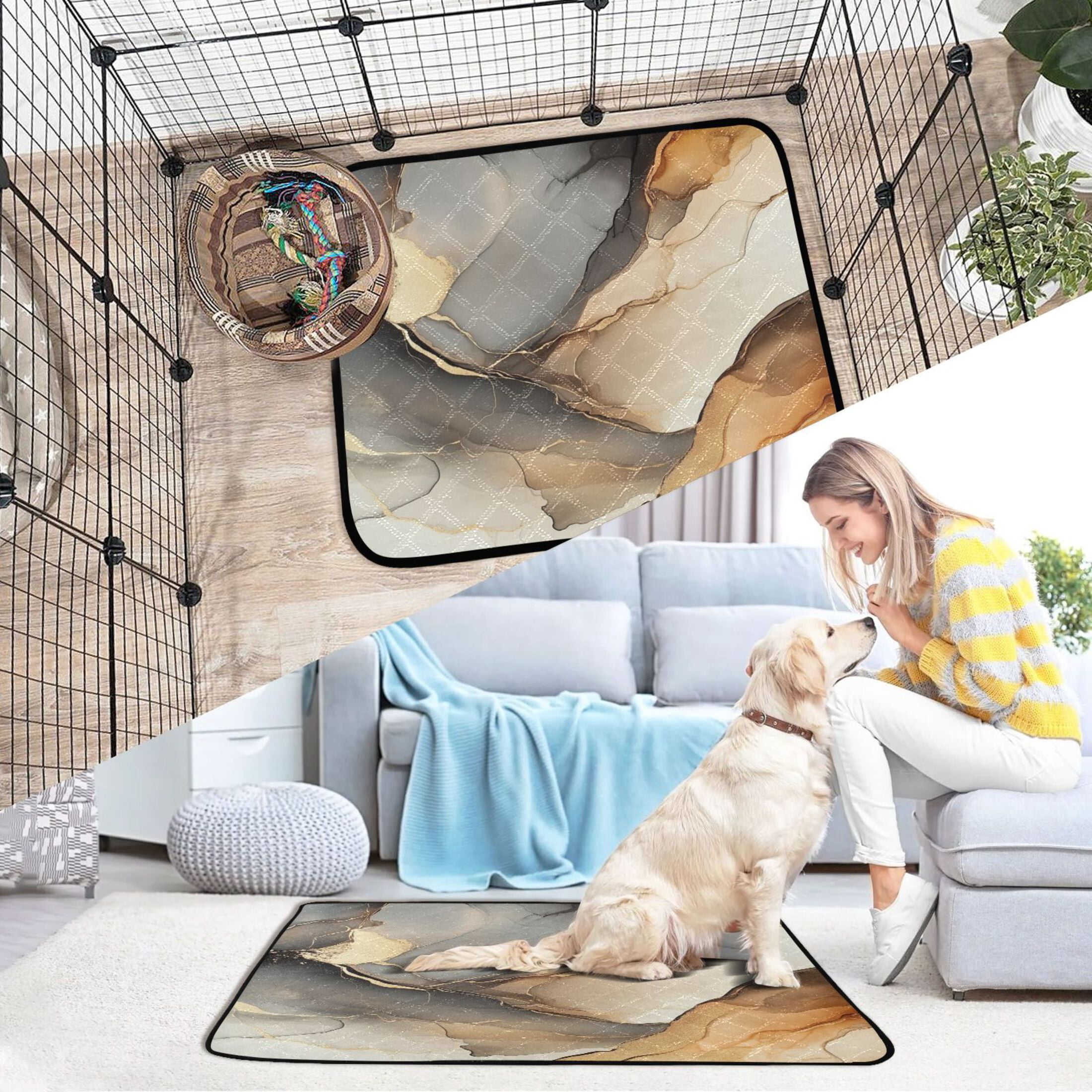 Qxltty Brown Marble Pattern Cat litter Pads Pet Set of 3 Diaper Mats Center Anti-leakage Layer Absorbent Soft and Comfortable