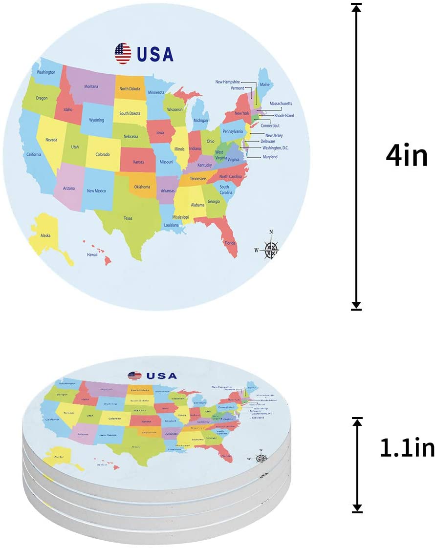 Round Map Coaster ZHANZZK World Map Set of 4 Round Coaster for Drinks, Absorbent Ceramic ...
