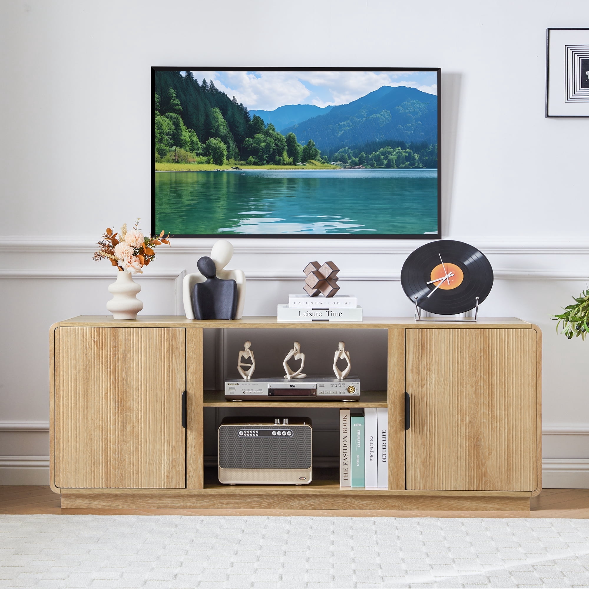 LEFHDA 60-inch Mid Century Modern TV Stand with Fluted Design & 2 Storage Cabinets, Entertainment Center for TVs up to 75" with Adjustable Shelf and Cable Management