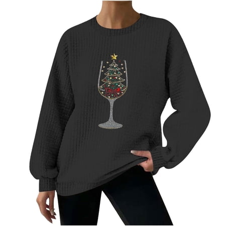 asdoklhq Womens Sweatshirts Women s Fashion Loose Casual Christmas Printed Round Neck Long Sleeve Hoodless Sweatshirt Black S