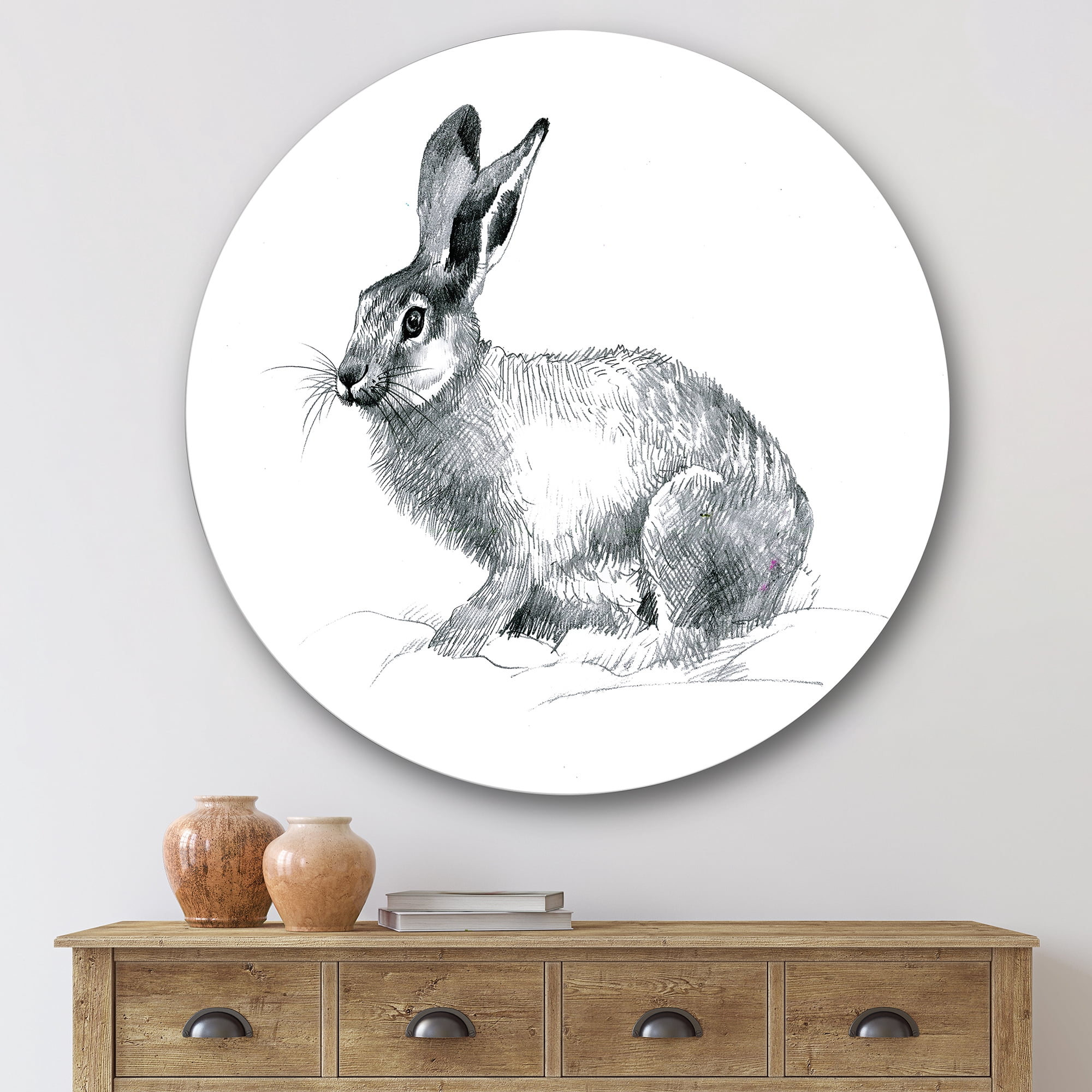 Designart 'Black and White Portrait Of Rabbit' Farmhouse Circle Metal Wall Art 29x29 - Disc of 29