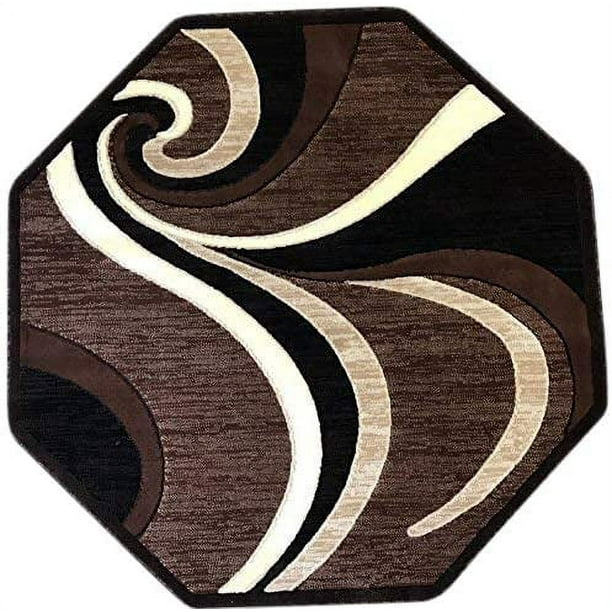 Modern Octagon Area Rug Brown Black Beige Design 144 (5 Feet 3 Inch X 5