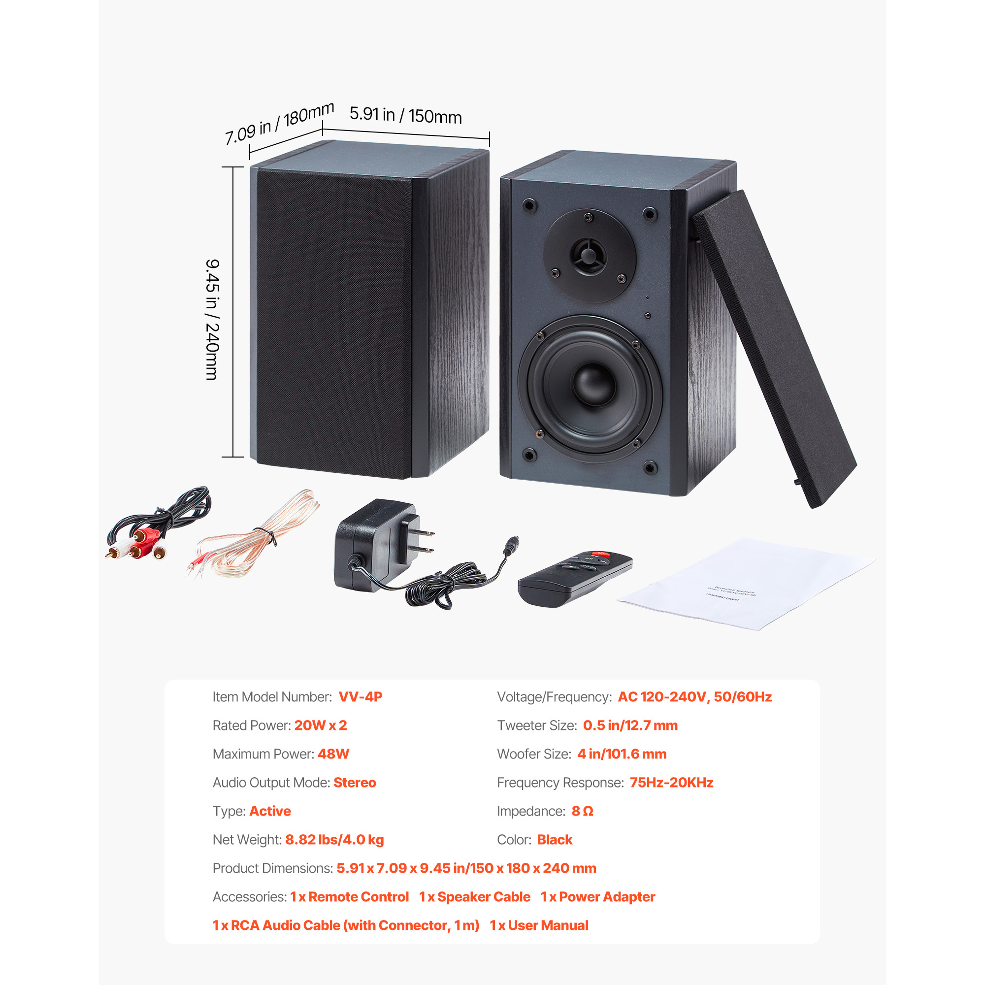 KFFKFF Powered Bookshelf Speakers, 20W x 2, Active Studio Monitor with 4-Inch Woofer, Adjustable Volume and Bluetooth Optical Connectivity, Wooden Cabinet, Suitable for Record Players, PCs, and TVs