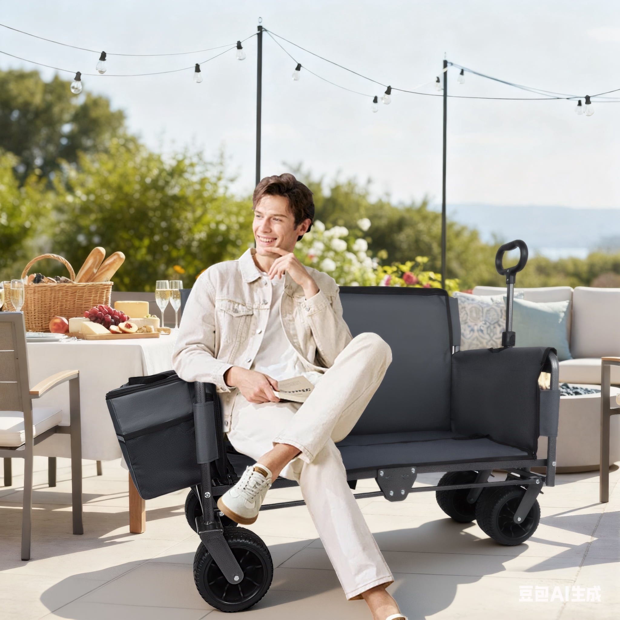Patented 3‑in‑1 Folding Wagon Cart with Bench Seat & Storage, 500lbs Heavy‑Duty 180L All‑Terrain Utility Wagon with 1 Ice Pack, for Camping Beach Garden Sports, Gray