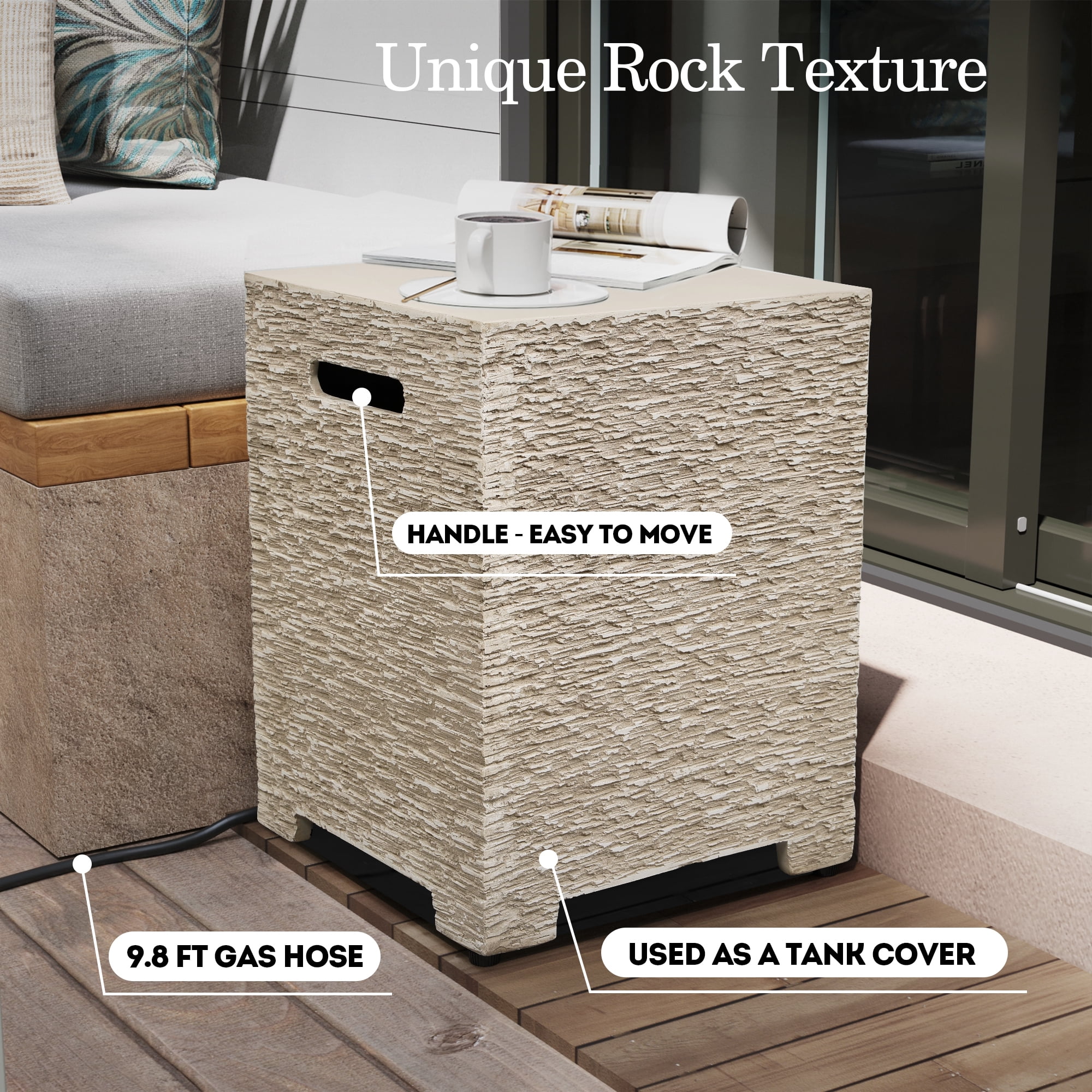 UPHA 56-inch Outdoor Propane Rectangle Fire Pit Table 50000 BTU Gas Concrete FirePit for Outside Patio with Lava Rocks, Rain Cover, Beige