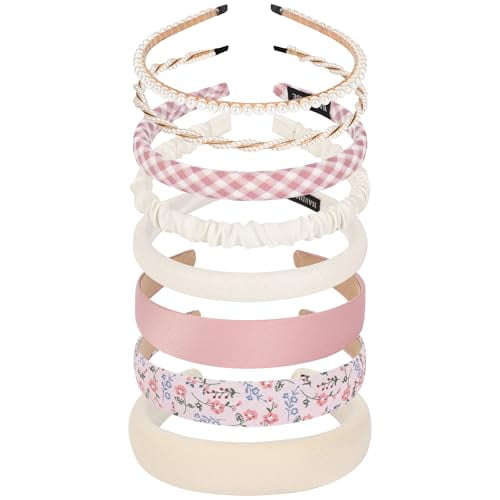 Headbands for Women Girls Non Slip - 8 Pack Wide Padded Headband Cute Floral Headbands Fashion Pearl Beaded Thin Head Bands Trendy Hair Accessories(White & Pink)