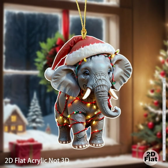 2D Acrylic Christmas Elephant Ornament – Holiday Flat Santa-Hat Pendant, Reusable Tree Car Wreath Hanging Decoration Festive Ornaments