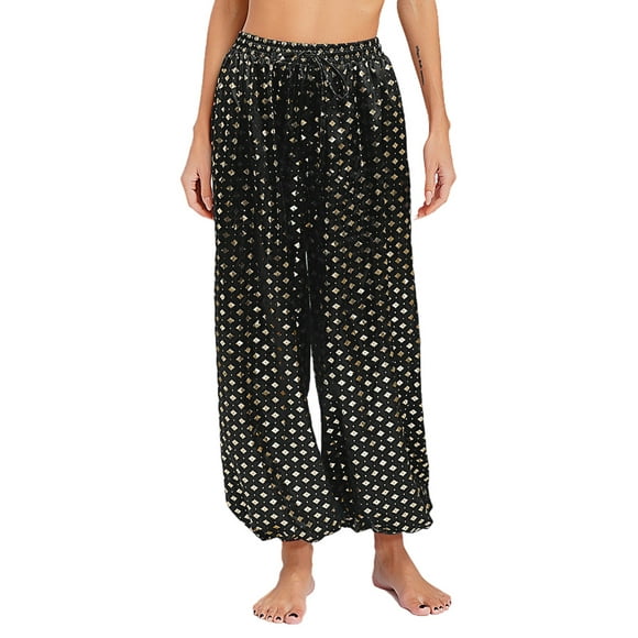 Jizyo Women Arabian Princess Belly Dance Pants Floral Print Indian Dance Harem Trousers Boho Festival Black XL