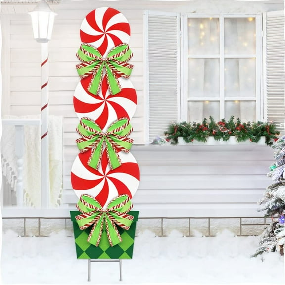 Christmas Decorations Outdoor, 44In Peppermint Xmas Yard Stakes - Giant Holiday Decor Signs for Home Lawn Pathway Walkway Candyland Themed Party, Red White Green