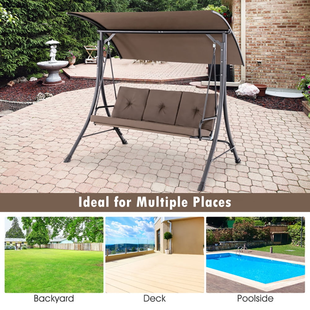 Aimee Lii 3-Seat Outdoor Porch Swing with Adjustable Canopy and Padded Cushions, Swing Chair Outdoor, Brown Aimee Lii 3-Seat Outdoor Porch Swing with Adjustable Canopy and Padded Cushions, Swing Chair Outdoor, Brown