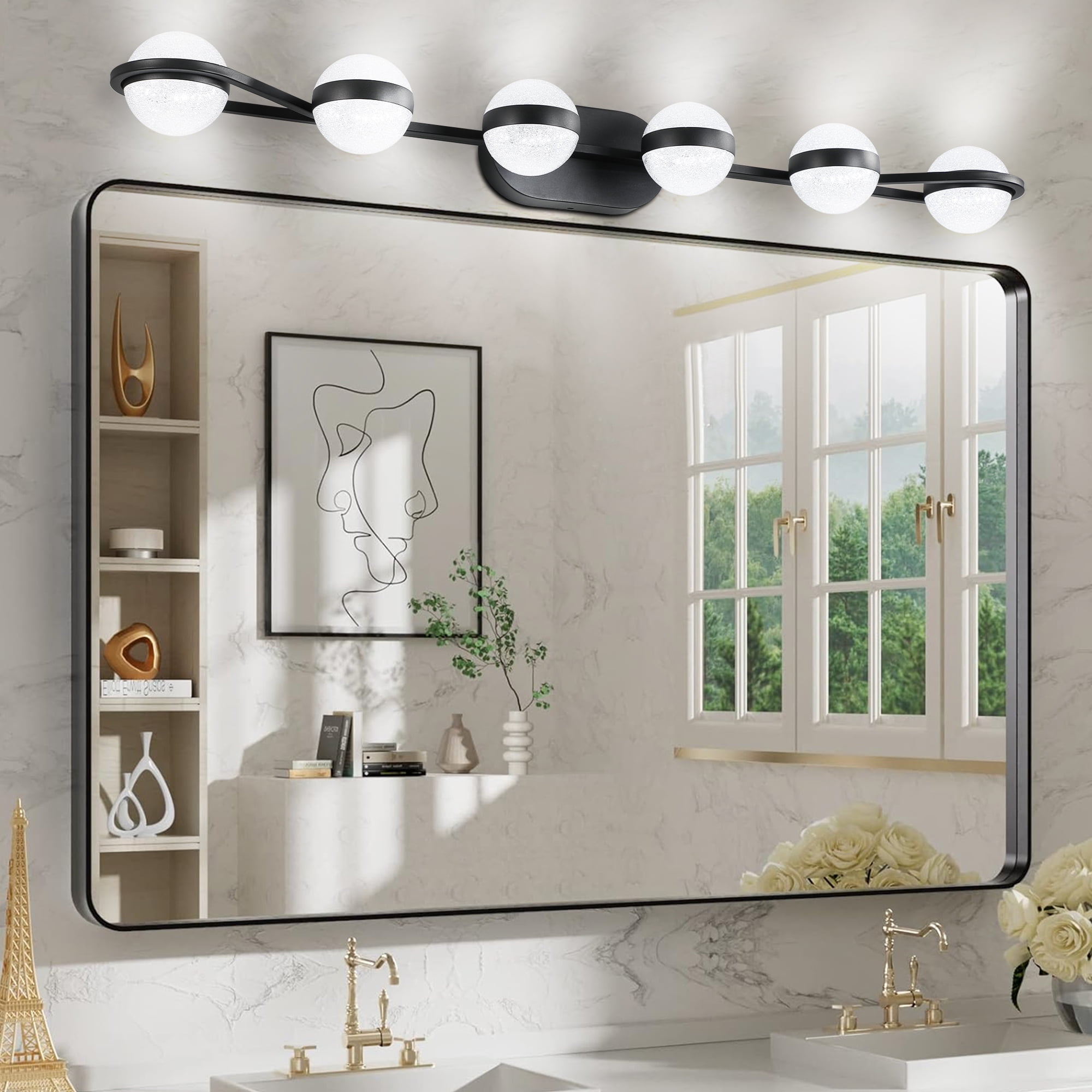 YANSUN 43.3 in Black Minimalist LED 6-Light Bathroom Vanity Light with Crystal Sand Acrylic Shades for Bathroom Mirror, Hallway, Bedroom