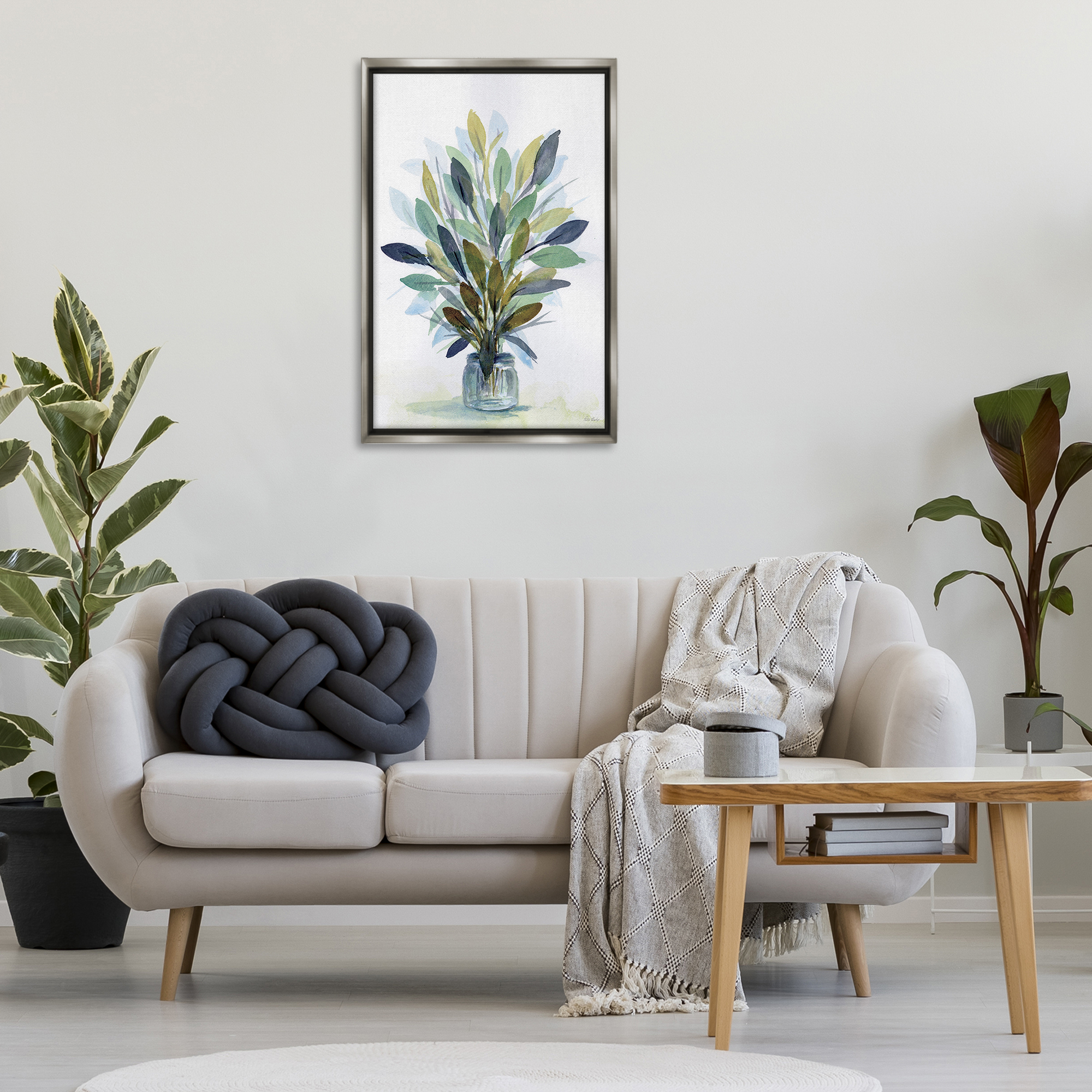 Stupell Industries Rustic Leaves Jar Botanical & Floral Painting Gray Floater Framed Art Print Wall Art, 21 x 31
