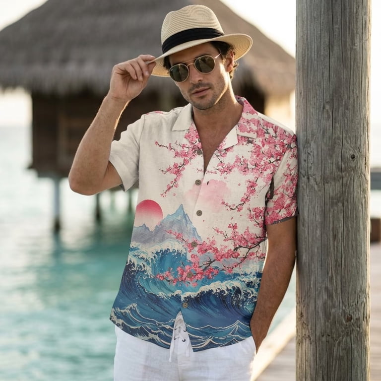 Xixirimido Cherry Blossom Sea Wave Sunset Print Men's Linen Short