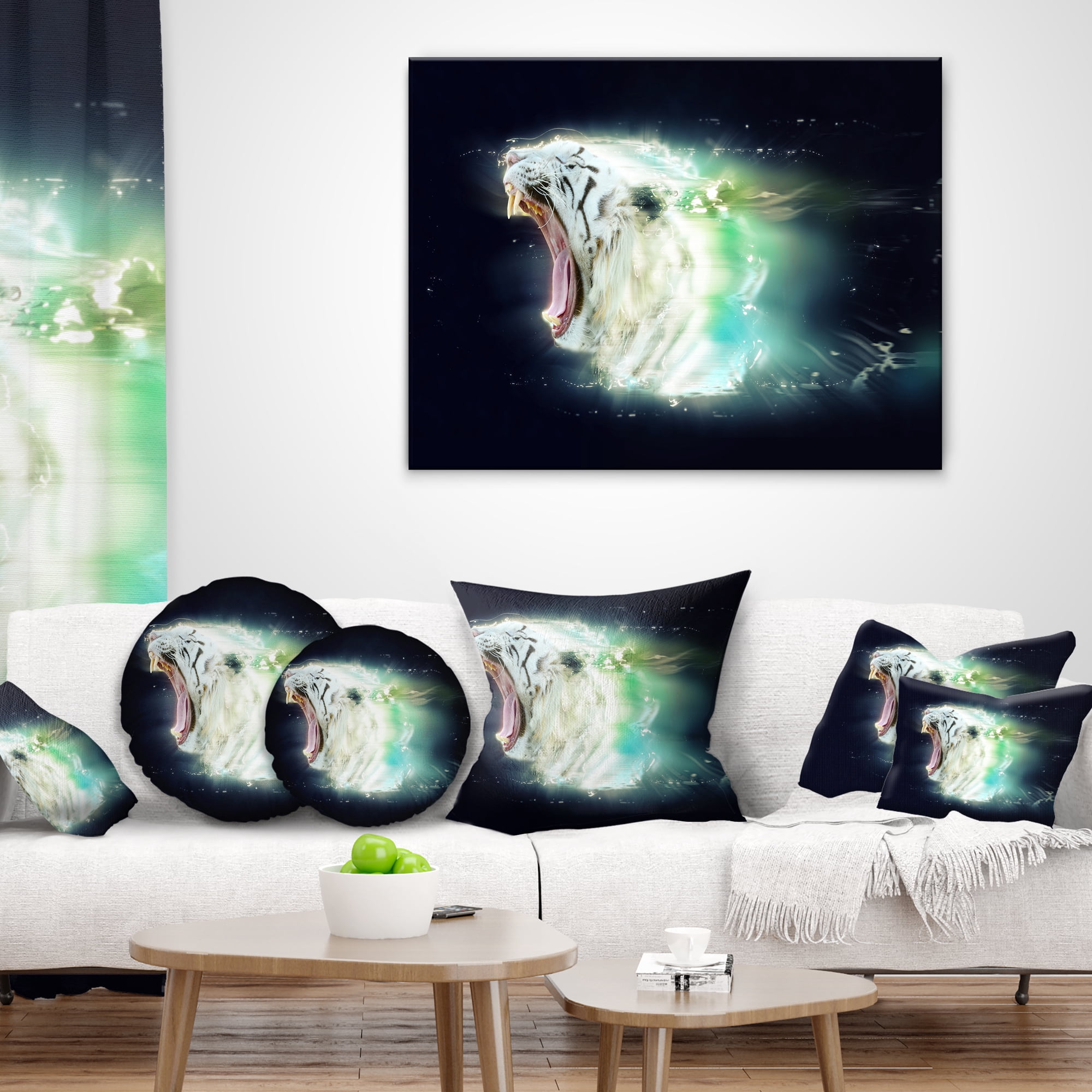 Designart White Tiger with Open Jaws - Animal Throw Pillow - 18x18