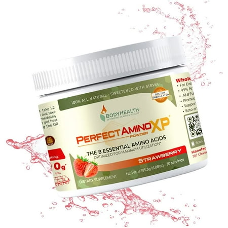 BodyHealth PerfectAmino XP Strawberry (30 Serving) Best Pre/Post Workout Recovery Drink, 8 Essential Amino Acids Energy Supplement with 50% BCAAs, 100% Organic, 99% Utilization