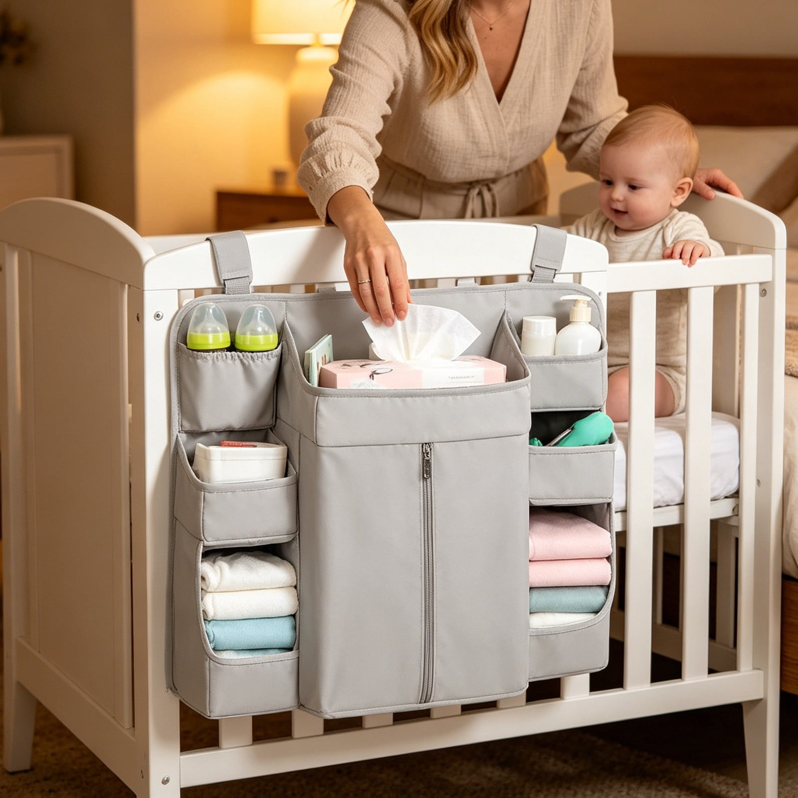 Hanging Diaper Caddy Organizer,Changing Table Diaper Organizer,Baby Hanging Diaper Stacker Nursery Caddy Organizer for Cribs Playyard Baby Essentials Storage,Diaper Holder Organizer