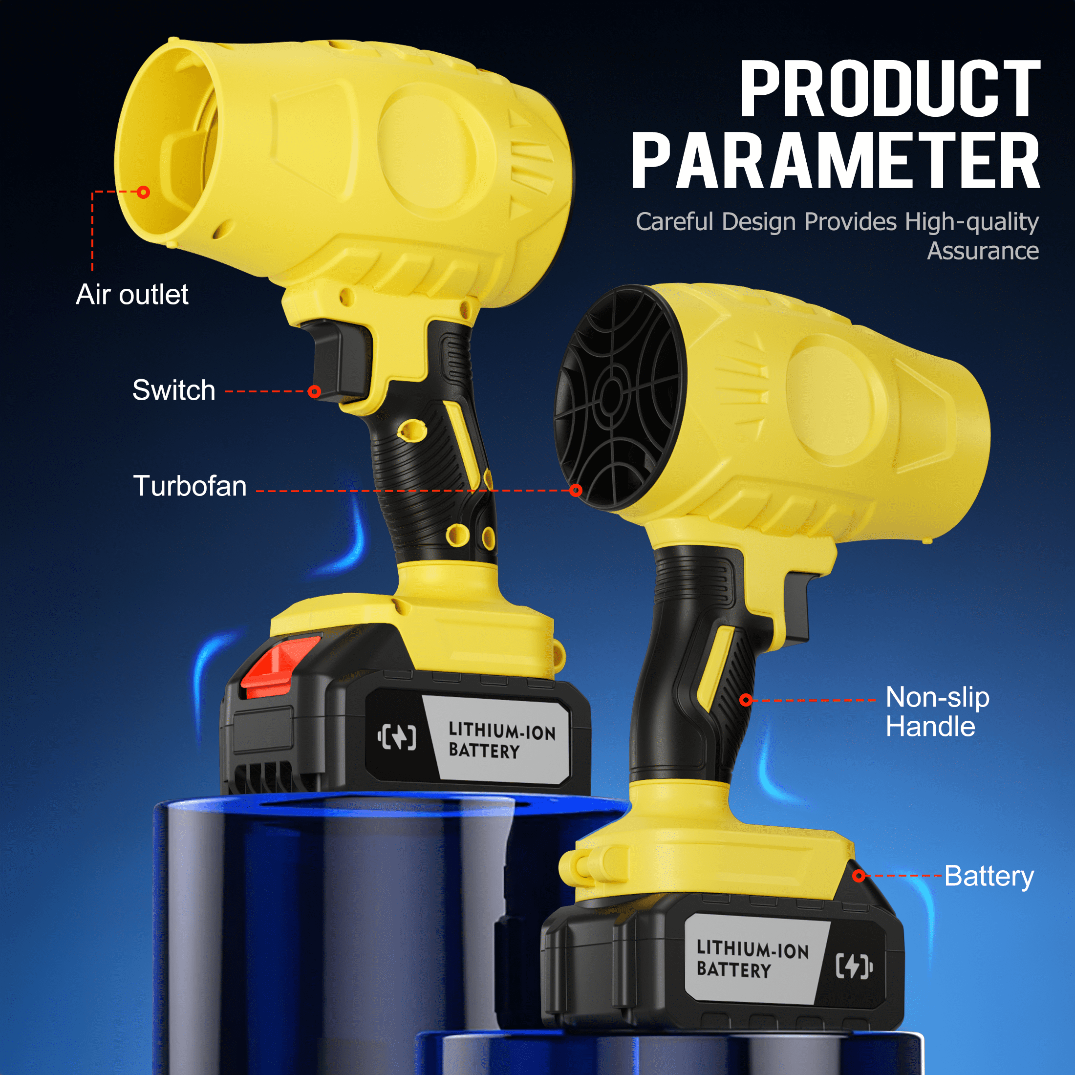 Brushless Cordless Leaf Blower 2 Batteries, Portable Dust Cleaner Handheld Blower Air Duster for Patio Cleaning, Lawn Care, Drying, Camping Yellow